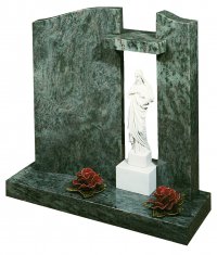 A Kerala Green granite memorial with twin headstones and a marble figure.