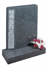 A Dark Grey granite memorial with a sandblast carved panel.